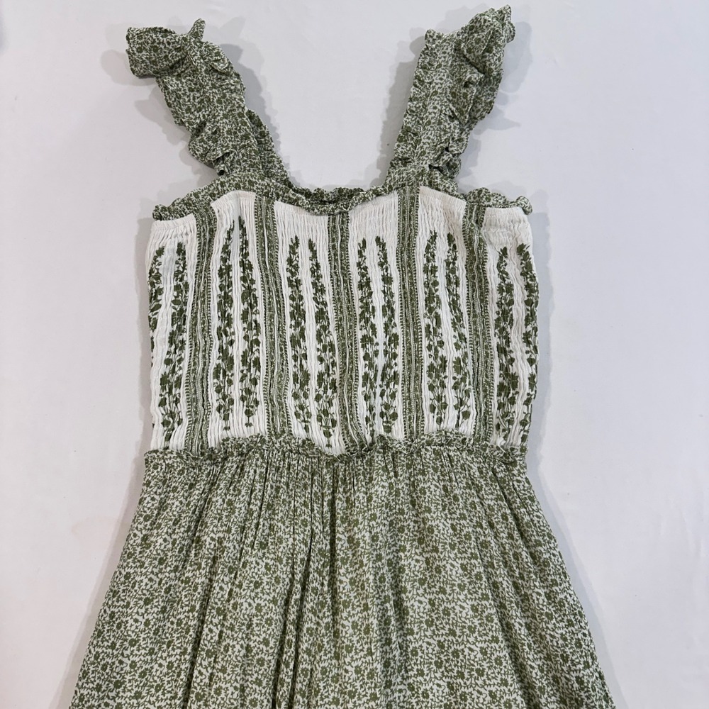 Sim & Sam Women XL Green White Floral Smocked Ruffle Wide Leg Jumpsuit Rayon